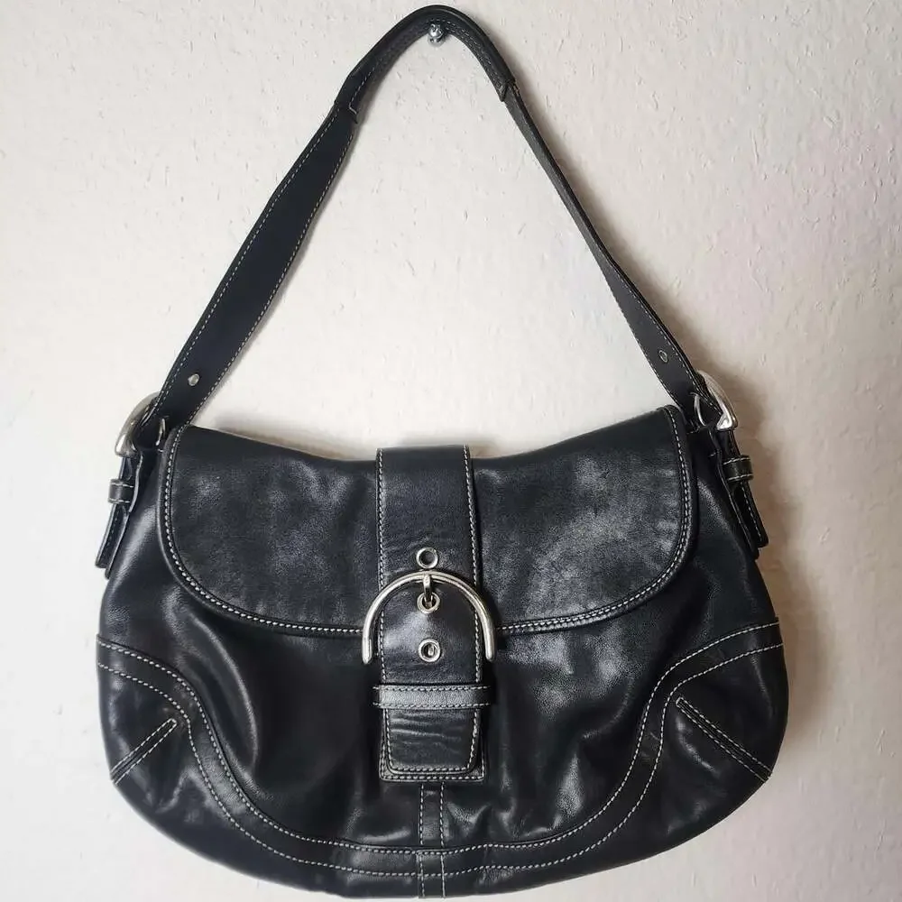 Vintage Y2K Coach Hobo Bag Medium Black Leather Buckle Shoulder Purse Charm
